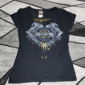 HARLEY DAVIDSON MOTORCYCLES BLACK FITTED SCOOP-NECK SHORT-SLEEVE TEE-SHIRT